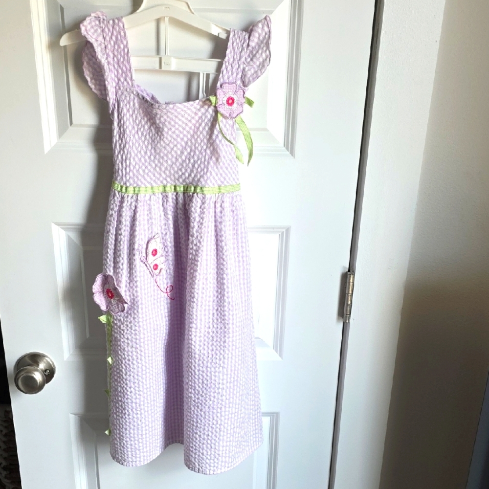 Jenny And Me Seersucker/smocked Style Dress With Floral Accents In Kids Size 8